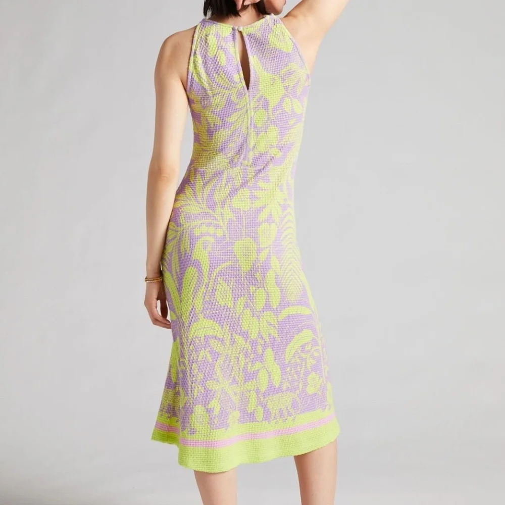 Farm Rio Knit Midi Dress Anthropologie Women Fitted Lime Green Yellow - size XL - Picture 4 of 7